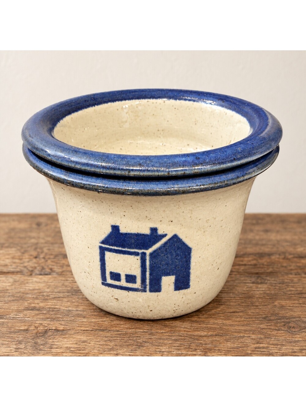 Vintage Brinker Pots Dip Chiller 2-Pc Stoneware Set Blue House Cobalt Rim 1994